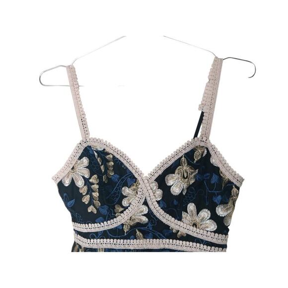 New Lulus XS Navy Blue Floral Embroidered Lace Trim Mini Dress Party - Picture 8 of 16